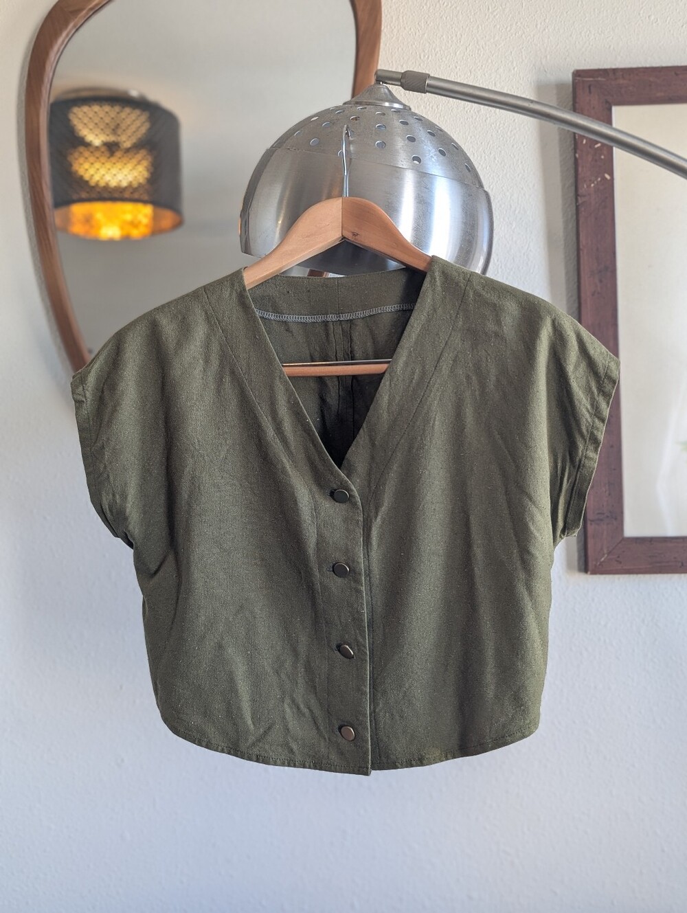 Handmade silk noil olive cropped vest-style top